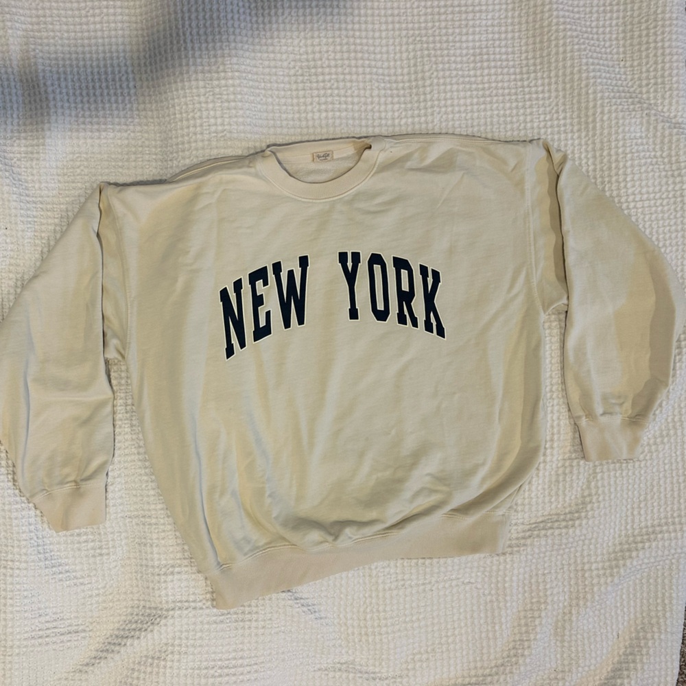 Brandy Melville Pale Yellow Crewneck with Navy 'New York' Graphic